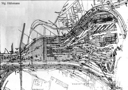Gleisplan der Osnabrücker "Verschiebebahnhofes" mit Richtungsgleisen und den umfangreichen Anlagen des Güterbahnhofes.