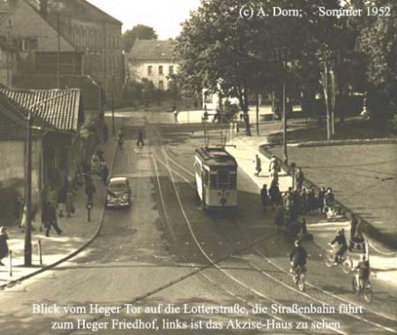 Einer von sieben Triebwagen aus der sog. "Hildesheimer Serie" auf dem Weg zum Heger Friedhof. Insgesamt waren sieben Triebwagen dieser Serie in Osnabrück eingesetzt. Ab 1949 trugen sie die Fahrzeugnummern 1-7.